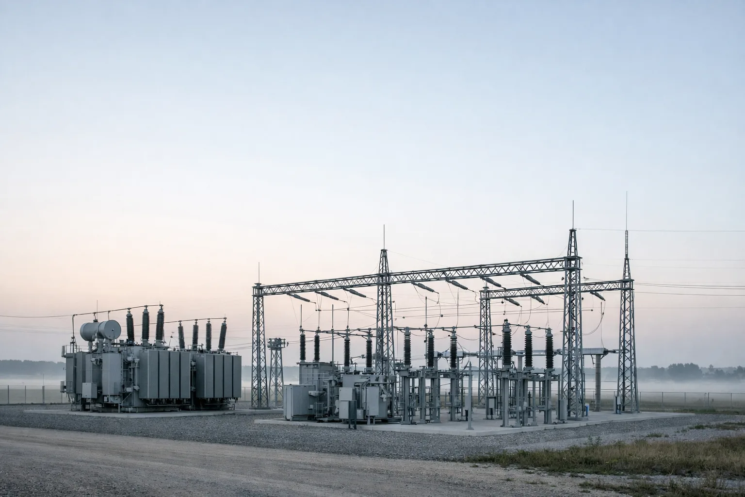 Umspannwerk mit Transformatoren und Stahlportalen in flacher Landschaft im Morgennebel